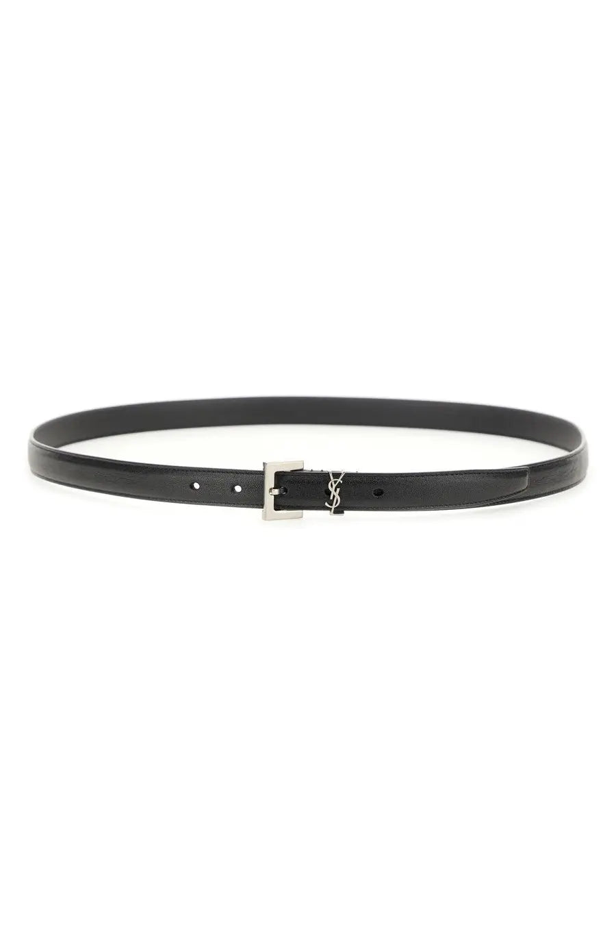 Saint Laurent men’s cinta sottile cassandre black leather belt with silver-toned rectangular buckle featuring YSL logo