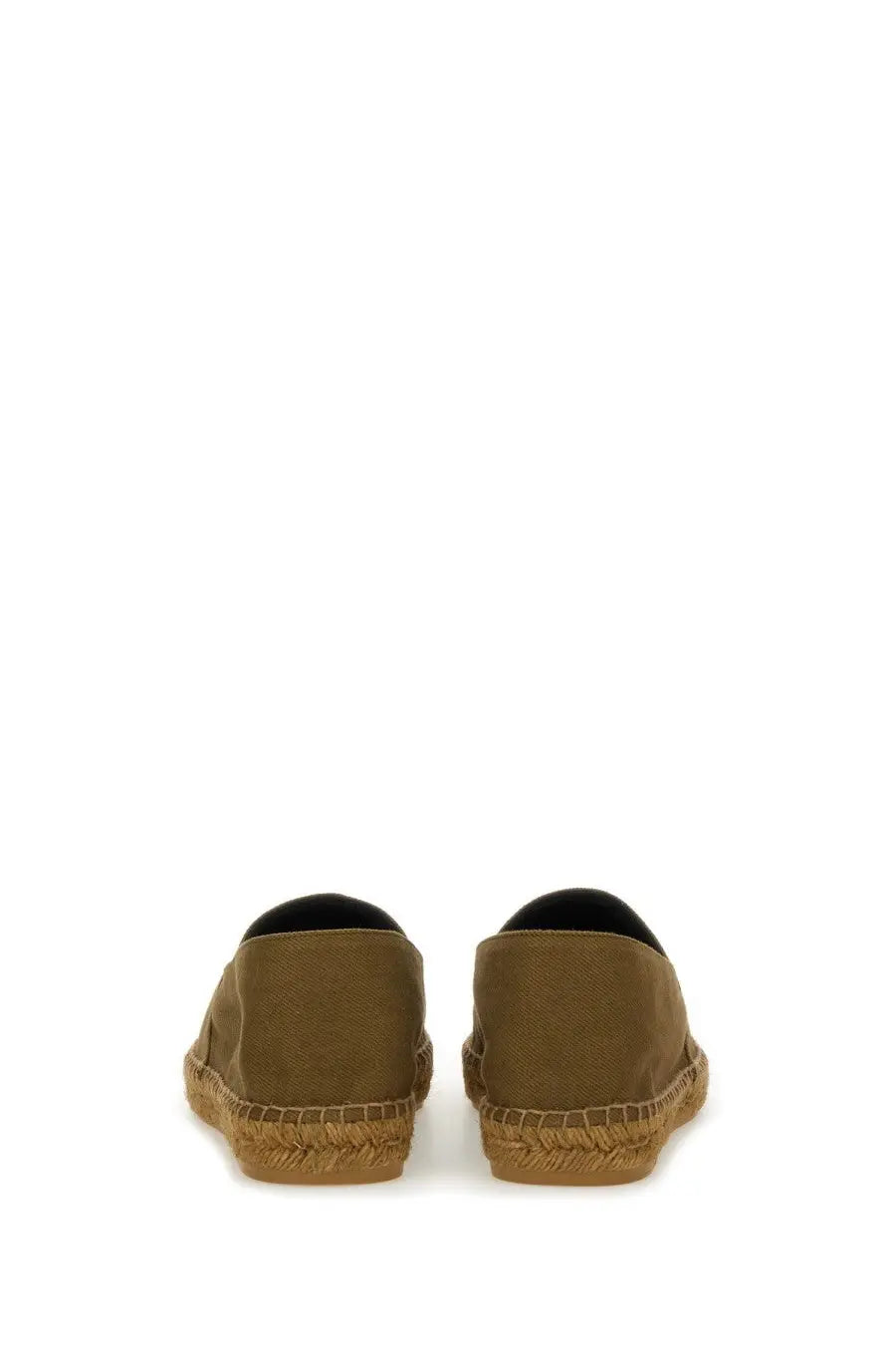 Saint laurent men’s casual espadrille in olive green canvas with braided grass sole