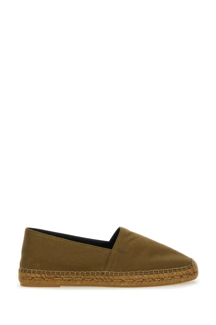 Saint Laurent men’s olive green canvas espadrille slip-on shoe with woven jute sole and cotton gabardine details