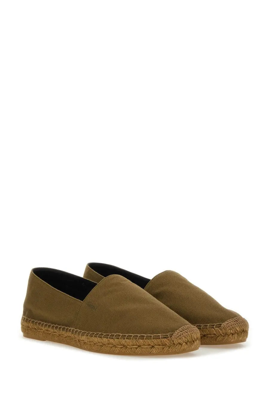 Saint Laurent men’s cotton gabardine olive green canvas espadrilles with woven jute sole for casual wear