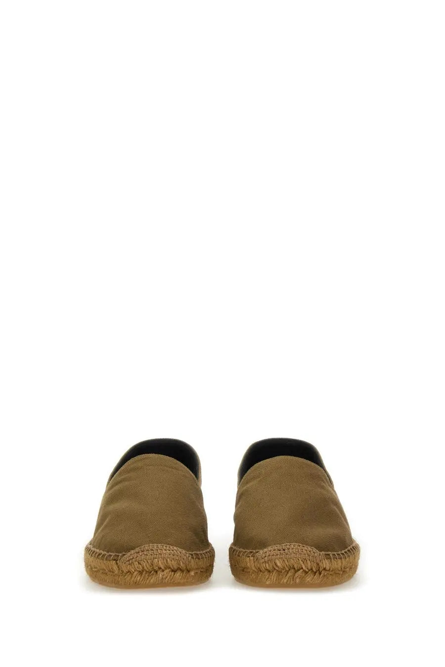 Saint Laurent men’s cotton gabardine espadrille brown with tan canvas, woven jute sole, and black lining