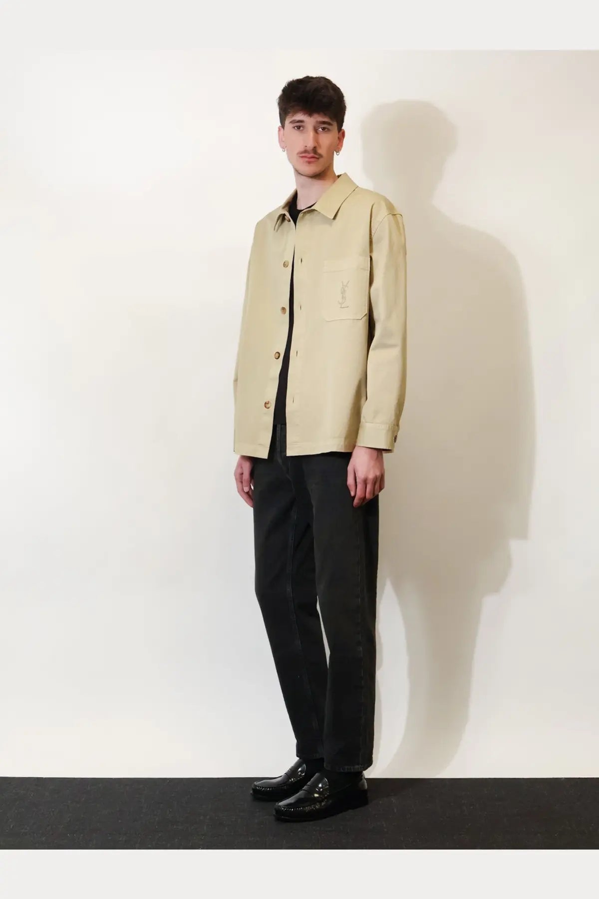 Saint Laurent men’s beige cotton button-up shirt with subtle logo on chest pocket