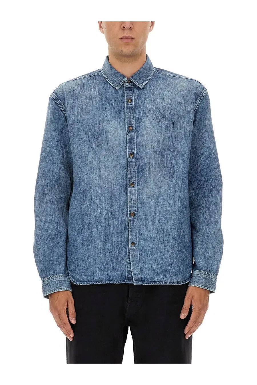 Saint Laurent men’s blue denim button-up shirt with subtle faded wash and small embroidered logo on left chest