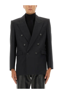 Saint Laurent men’s black double breasted wool blazer with structured shoulders and matching buttons