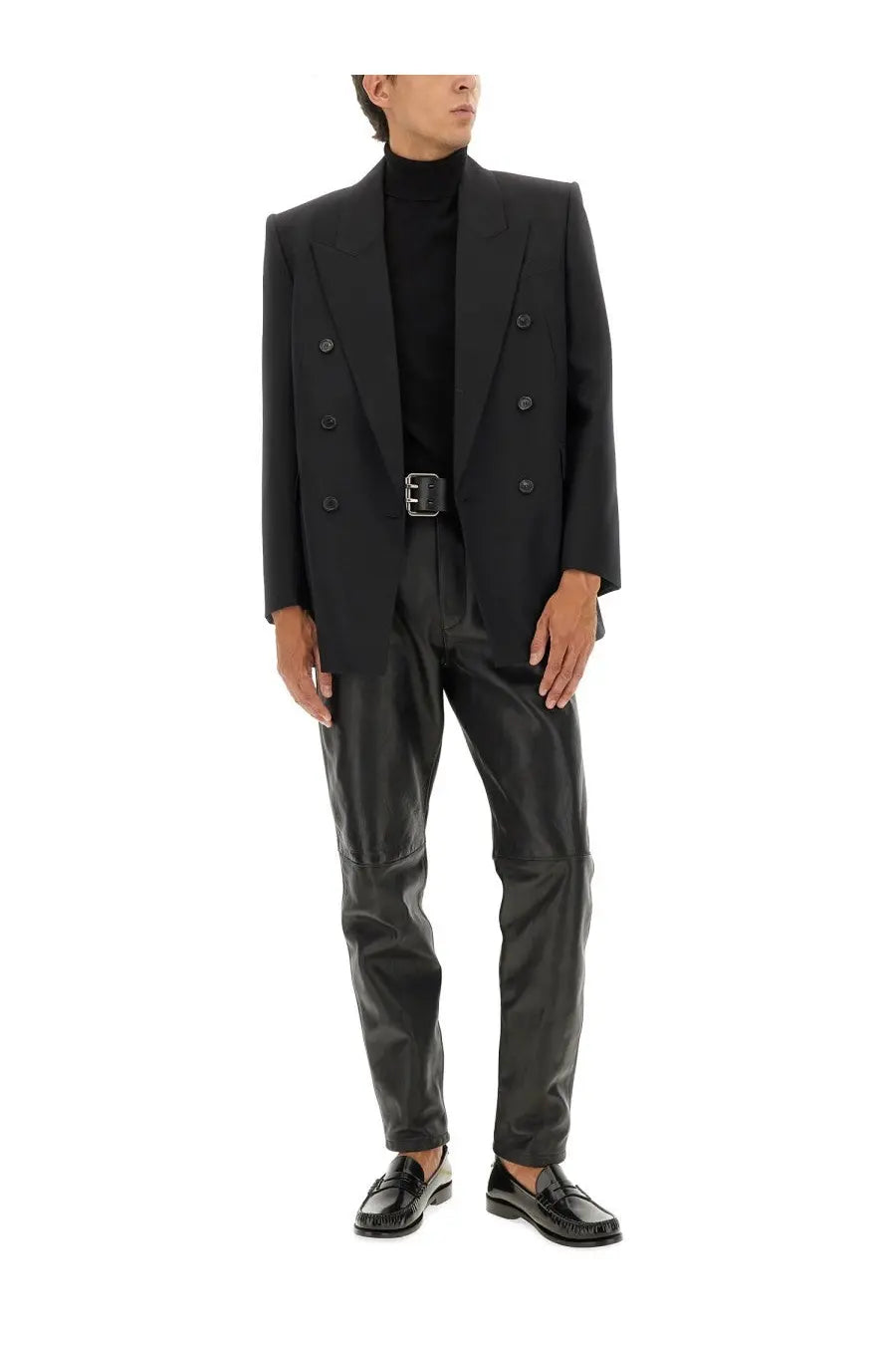 Saint Laurent men’s black double breasted wool blazer with structured silhouette and matte finish