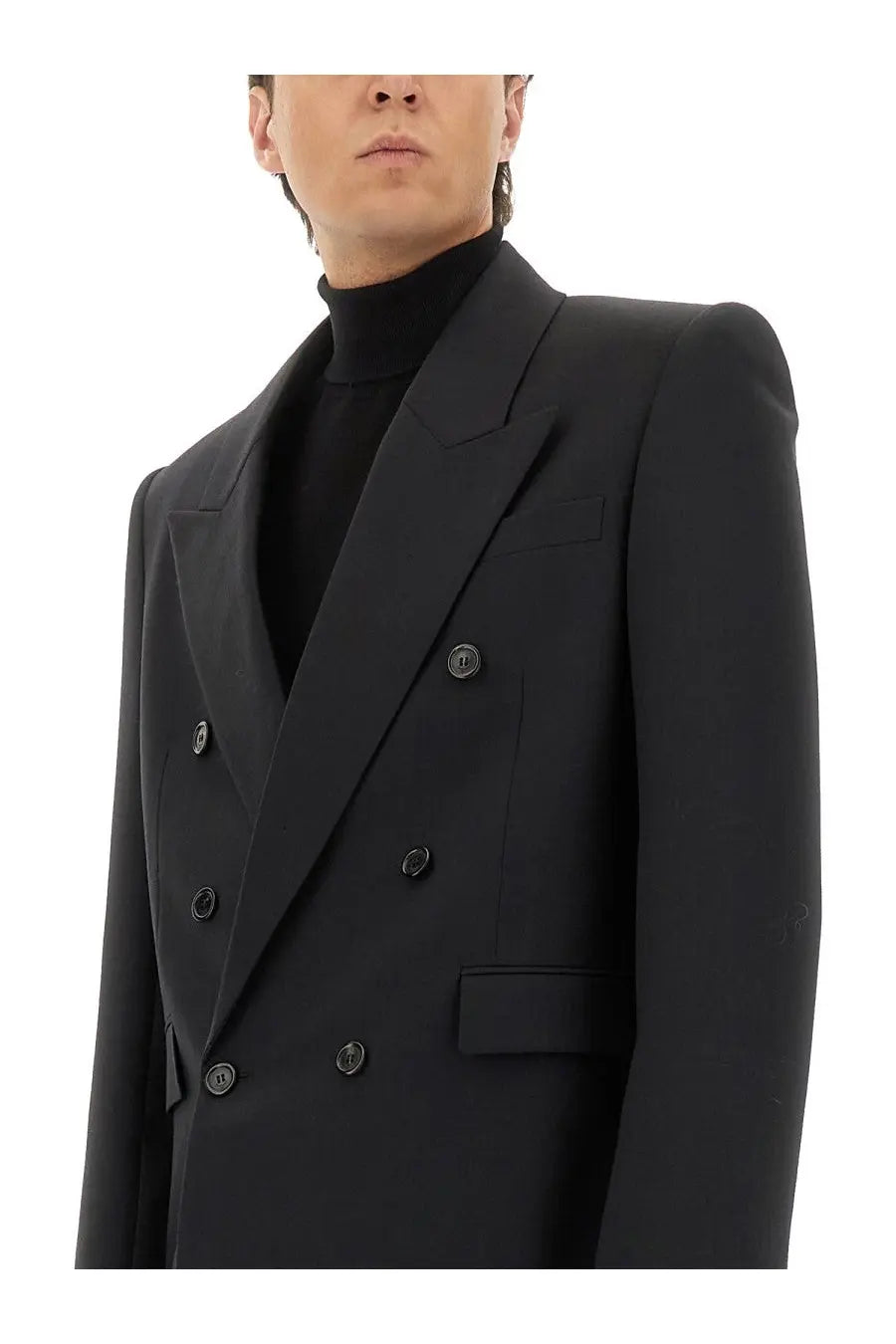 Saint Laurent men’s black double breasted wool jacket with structured shoulders and matte black buttons