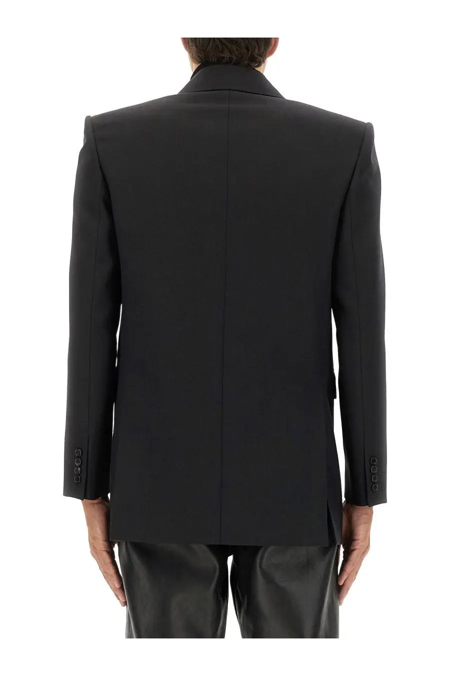 Saint Laurent men’s black double breasted wool jacket with structured shoulders and three button cuffs