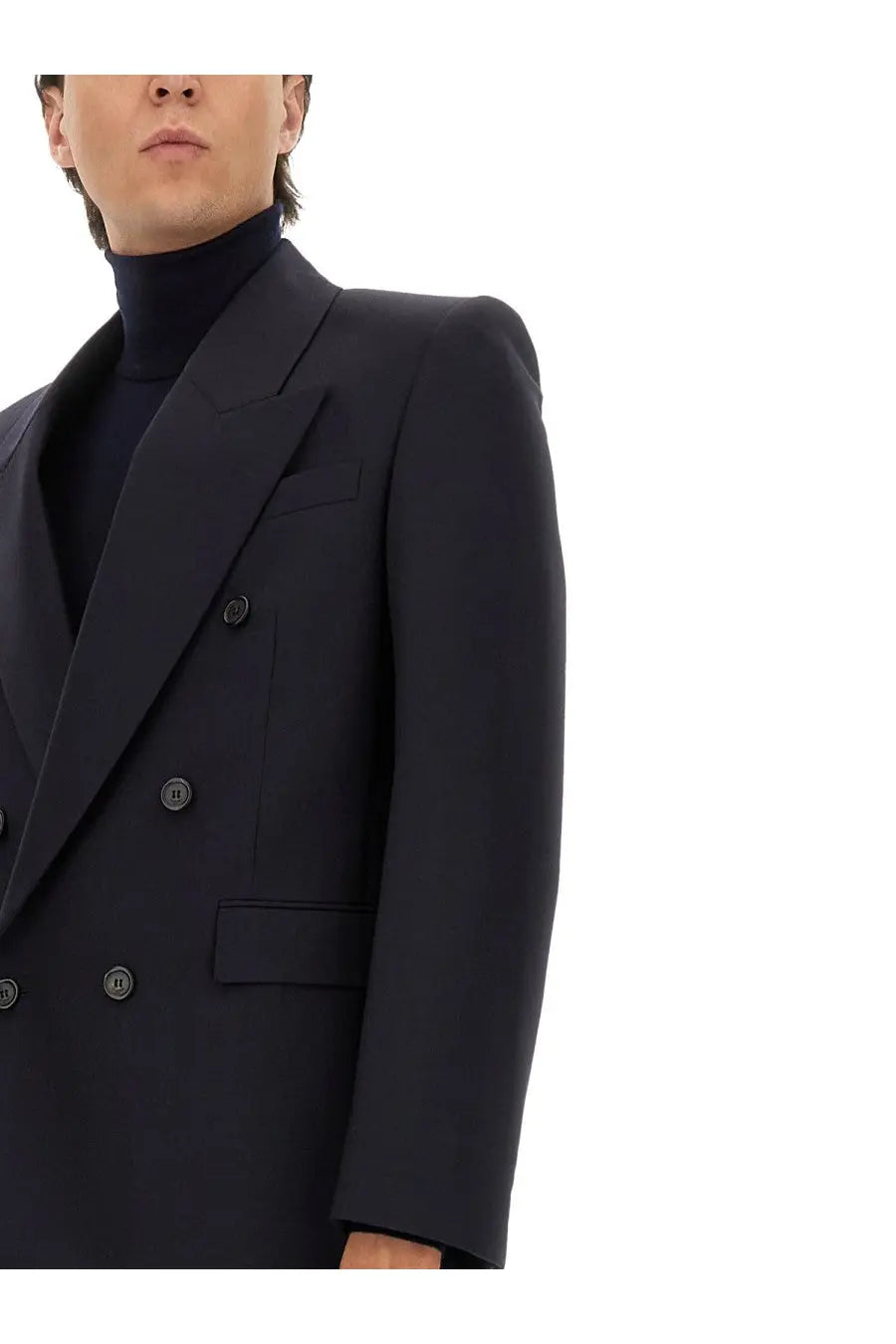 Saint Laurent men’s double breasted black wool suit jacket with structured shoulders and dark buttons