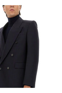 Saint Laurent men’s double breasted black wool suit jacket with structured shoulders and dark buttons