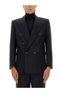 Saint Laurent men’s double breasted blue wool jacket with structured shoulders and dark buttons