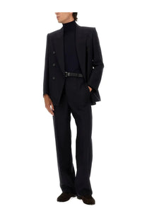 Saint Laurent men’s double breasted black wool suit jacket with structured shoulders and tailored fit