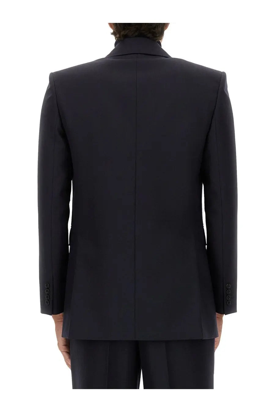 Black tailored suit jacket with structured shoulders and central seam in saint laurent mens double breasted wool jacket blue