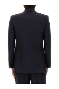 Black tailored suit jacket with structured shoulders and central seam in saint laurent mens double breasted wool jacket blue