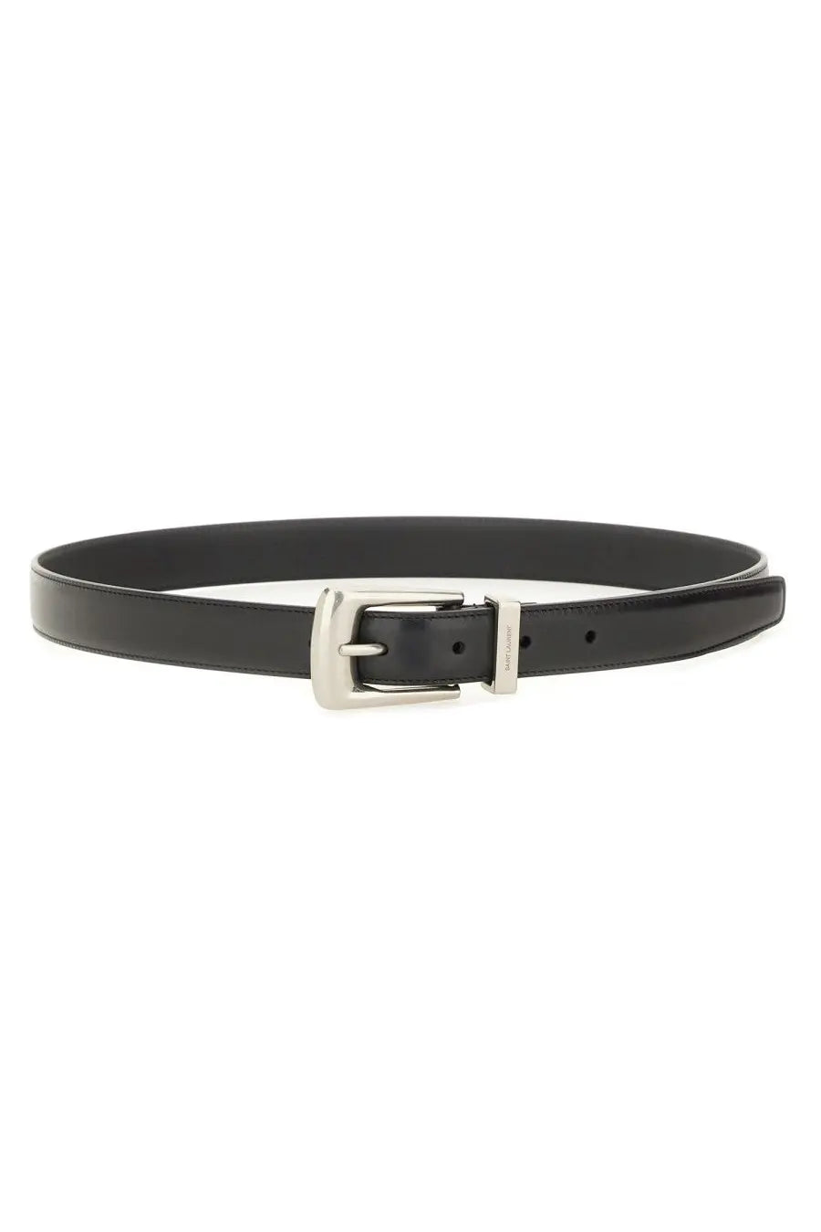 Saint Laurent men’s folk belt black with sleek silver toned buckle made of black leather for stylish wear