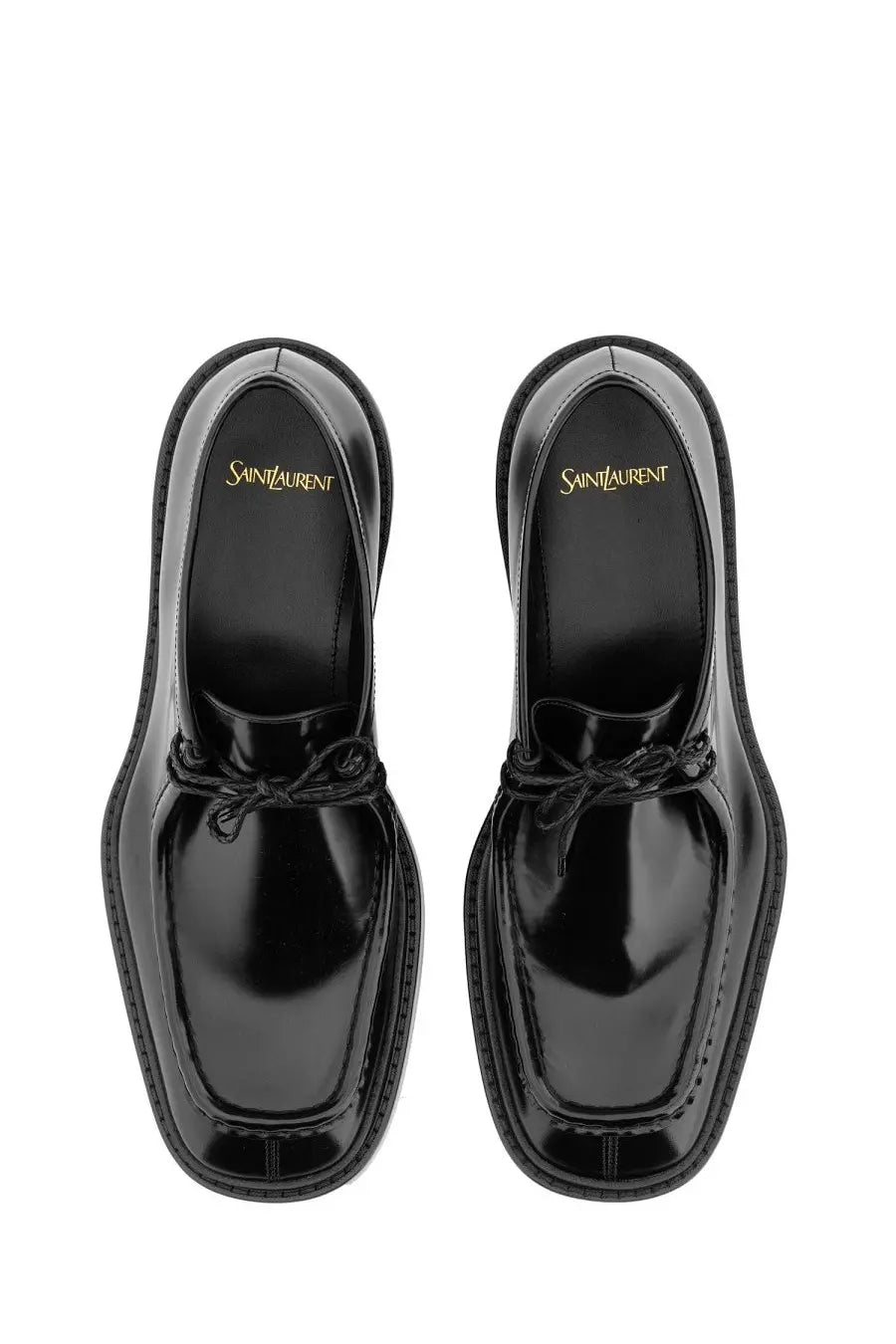 Saint Laurent men’s Harvey derby loafer black patent leather with glossy finish and gold Saint Laurent branding insole