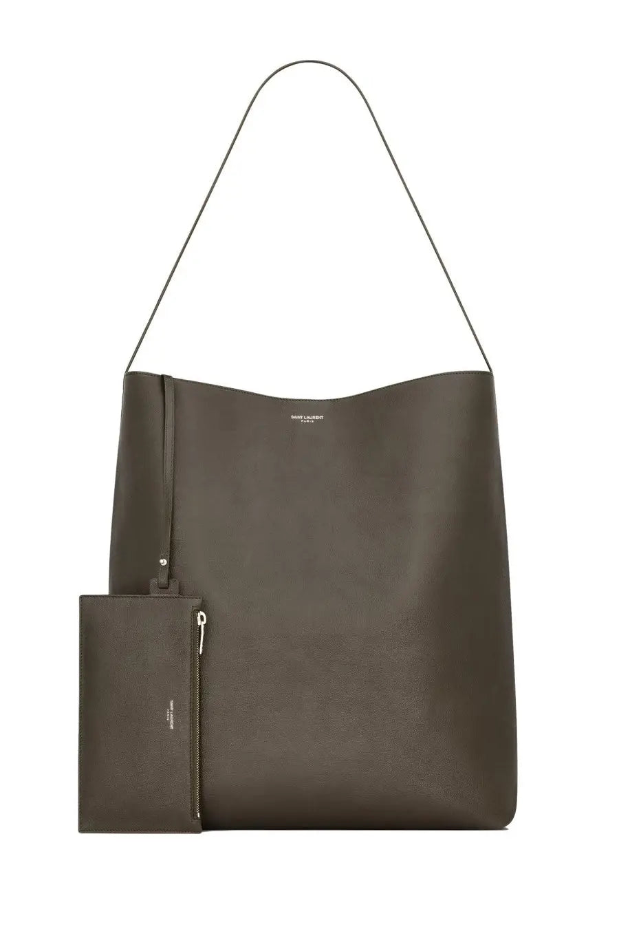 Saint Laurent men’s hobo bold bag green olive leather tote with slim shoulder strap and matching zippered pouch
