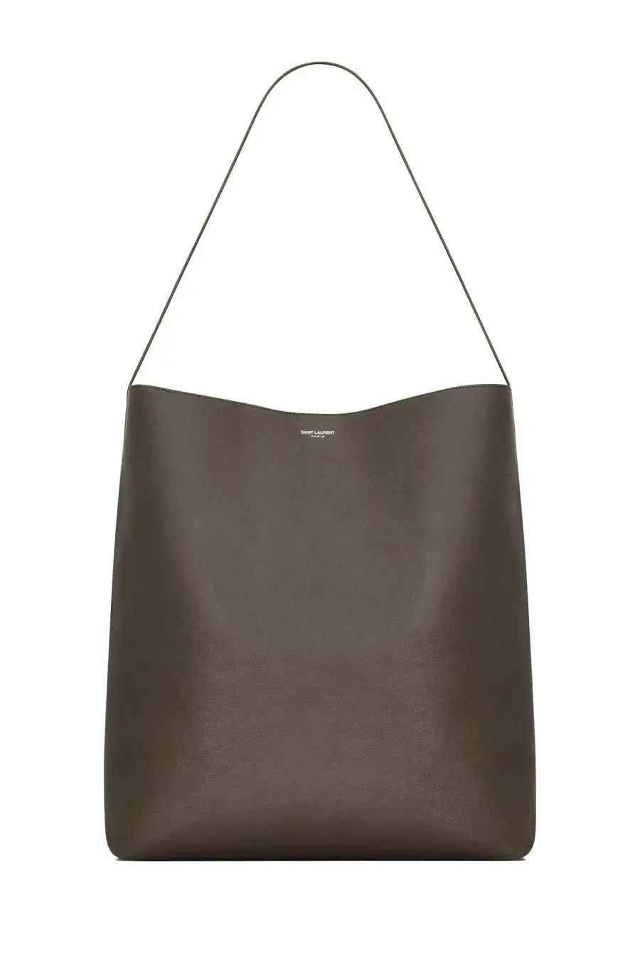 Saint Laurent men’s hobo bold tote bag in olive green leather with minimalist design and slender shoulder strap