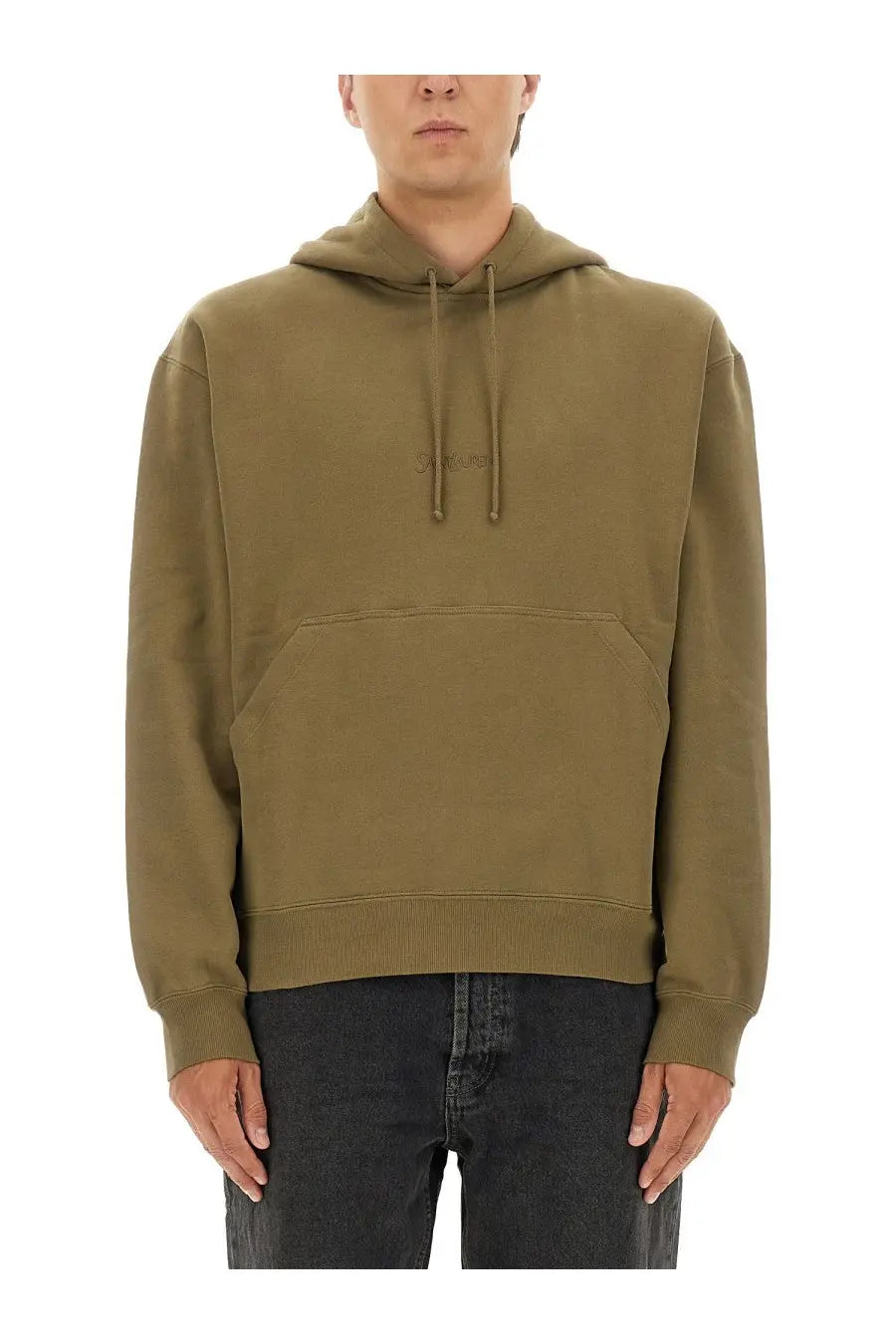 Saint Laurent men’s olive green hooded sweatshirt with subtle embroidered logo and matching drawstrings