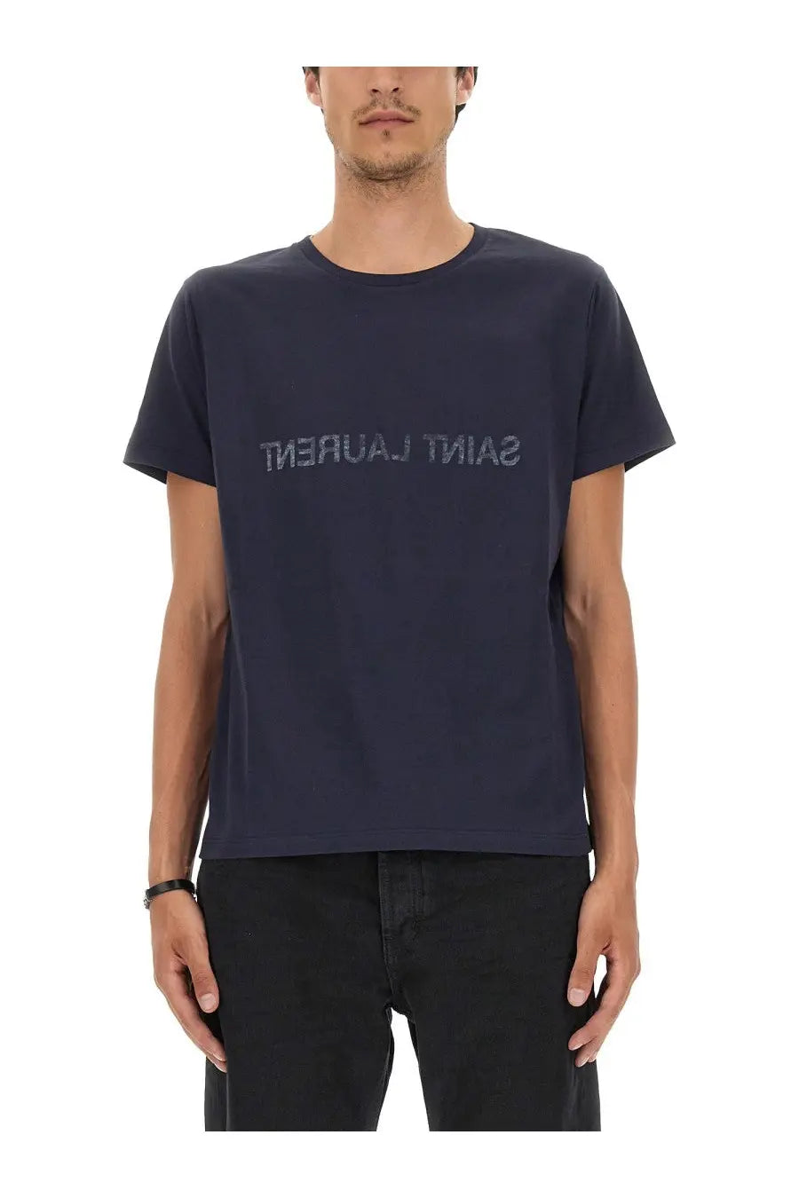 Navy blue Saint Laurent men’s inverted t-shirt with a subtle reflective logo across the chest in cotton material