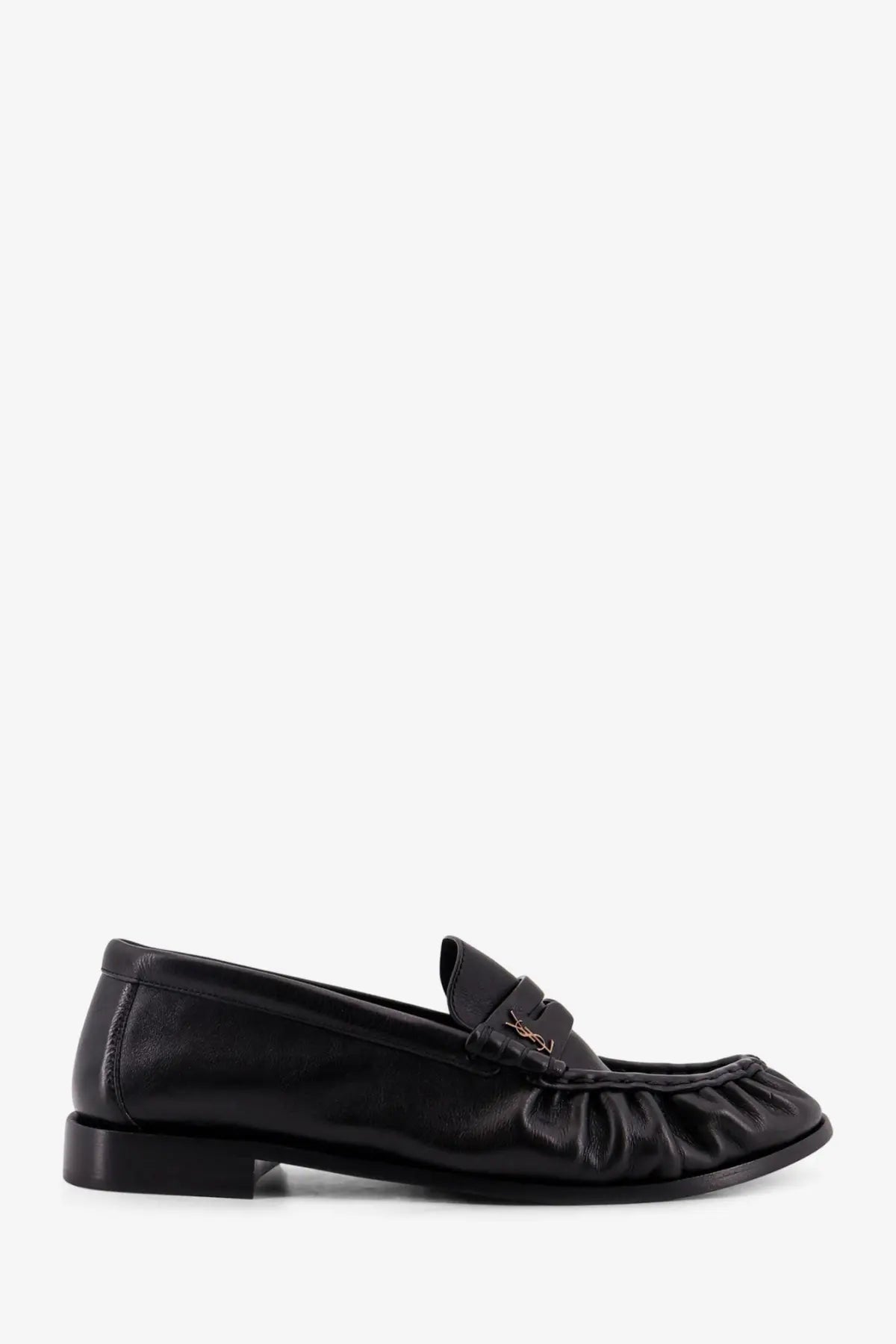 Saint Laurent men’s black leather loafer with ruched toe and gold-tone ysl logo on the front