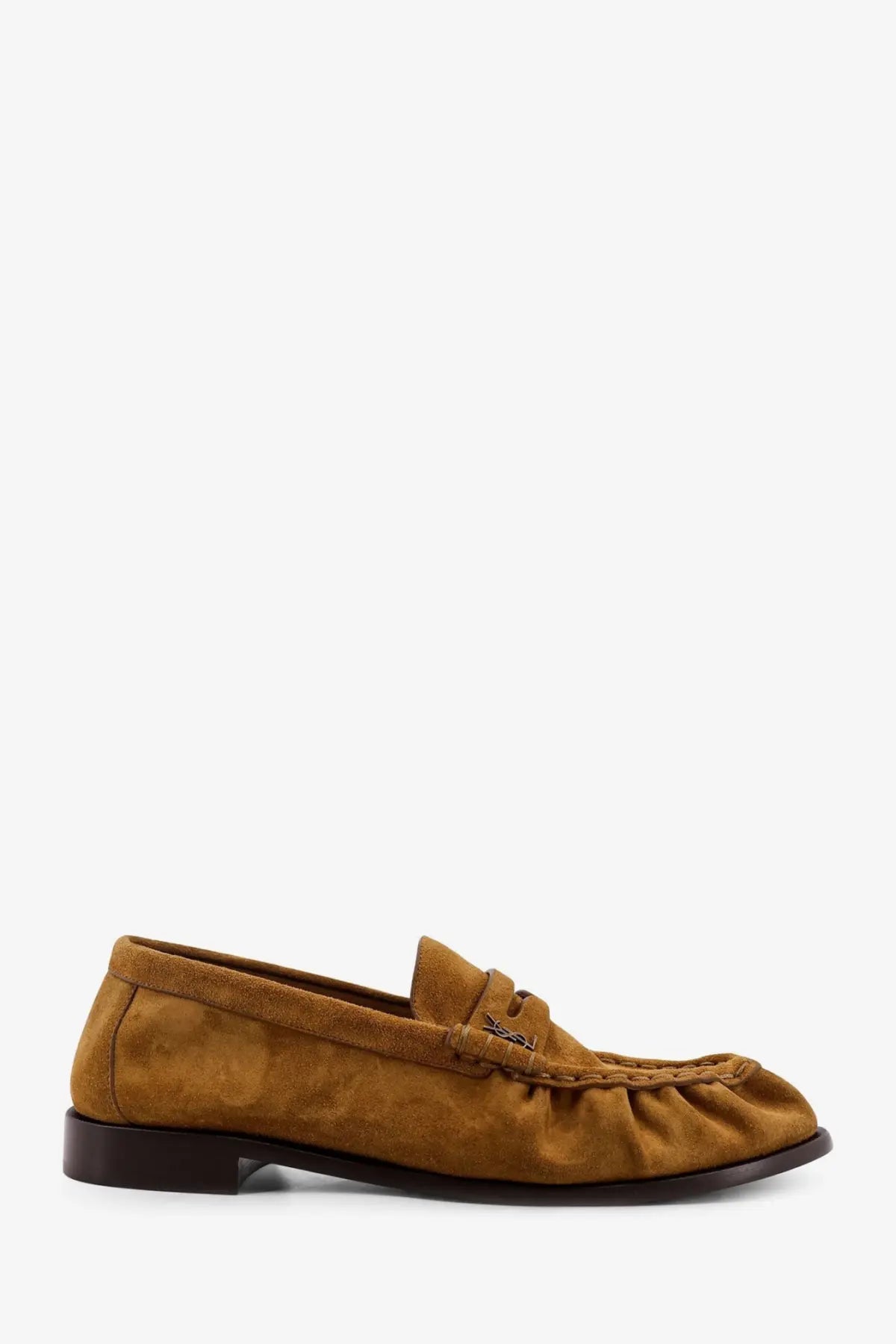 Saint Laurent men’s le loafer tan suede loafer with frayed detail and dark brown leather sole
