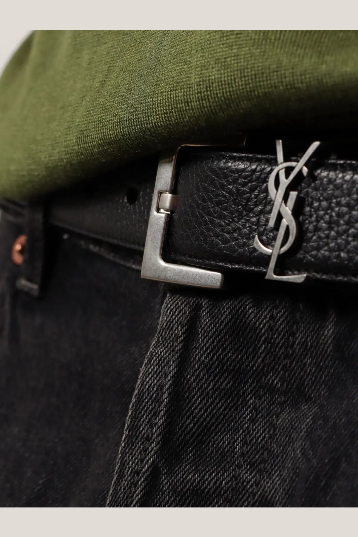 Saint Laurent men’s black leather belt with silver-tone YSL buckle for stylish formal and casual wear