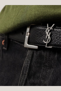 Saint Laurent men’s black leather belt with silver-tone YSL buckle for stylish formal and casual wear