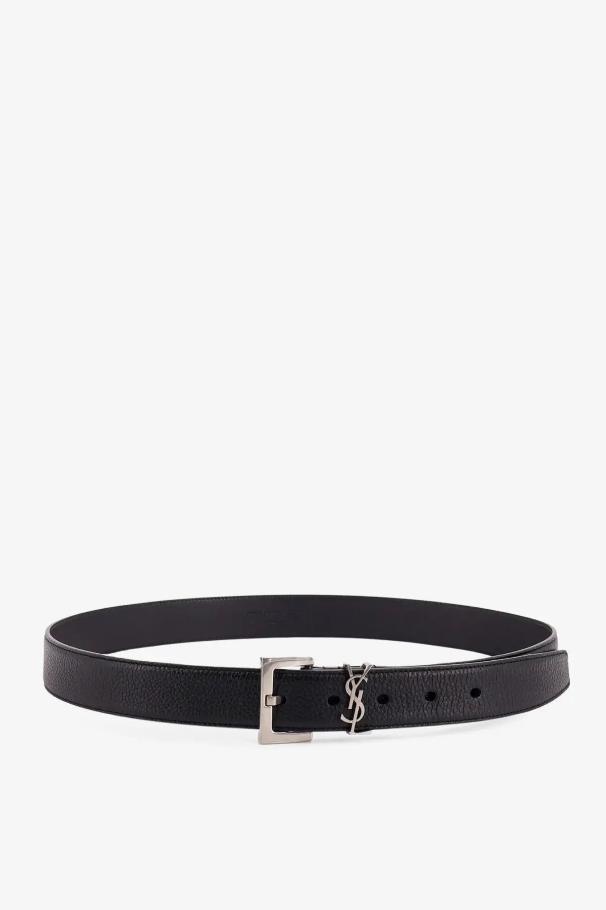 Saint Laurent men’s black leather belt with silver-toned buckle featuring the YSL logo front view