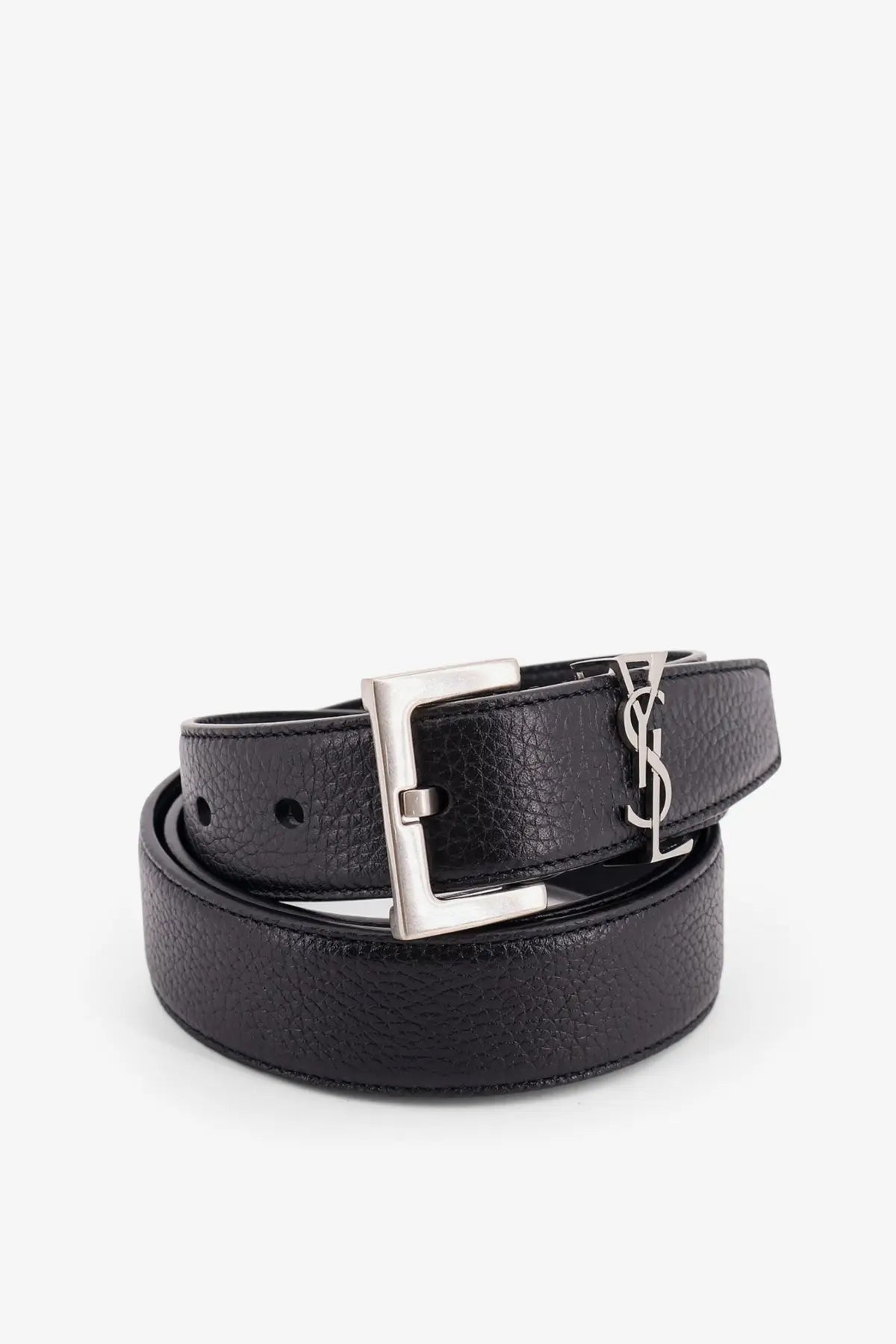 Saint Laurent men’s black leather belt with textured finish and silver-tone rectangular buckle featuring YSL logo