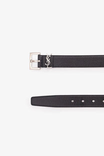 Saint Laurent men’s black leather belt with textured finish and silver-tone YSL buckle