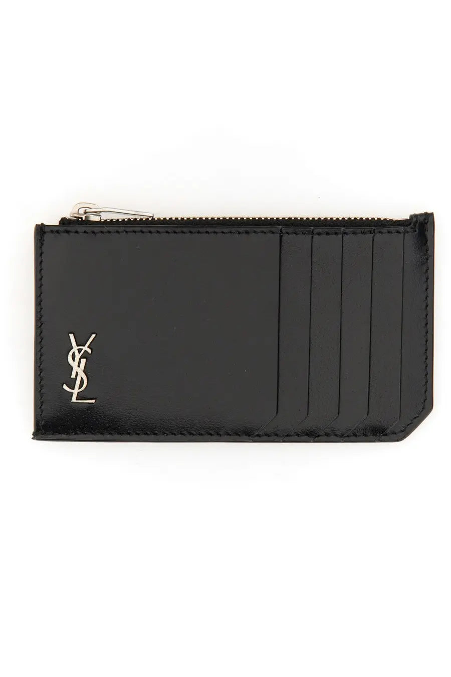 Saint Laurent men’s black leather card holder with silver ysl logo and zipper for stylish card organization