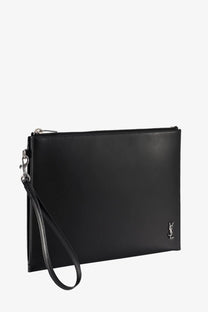 Saint Laurent men’s black leather clutch with silver-tone YSL logo and zipper pull