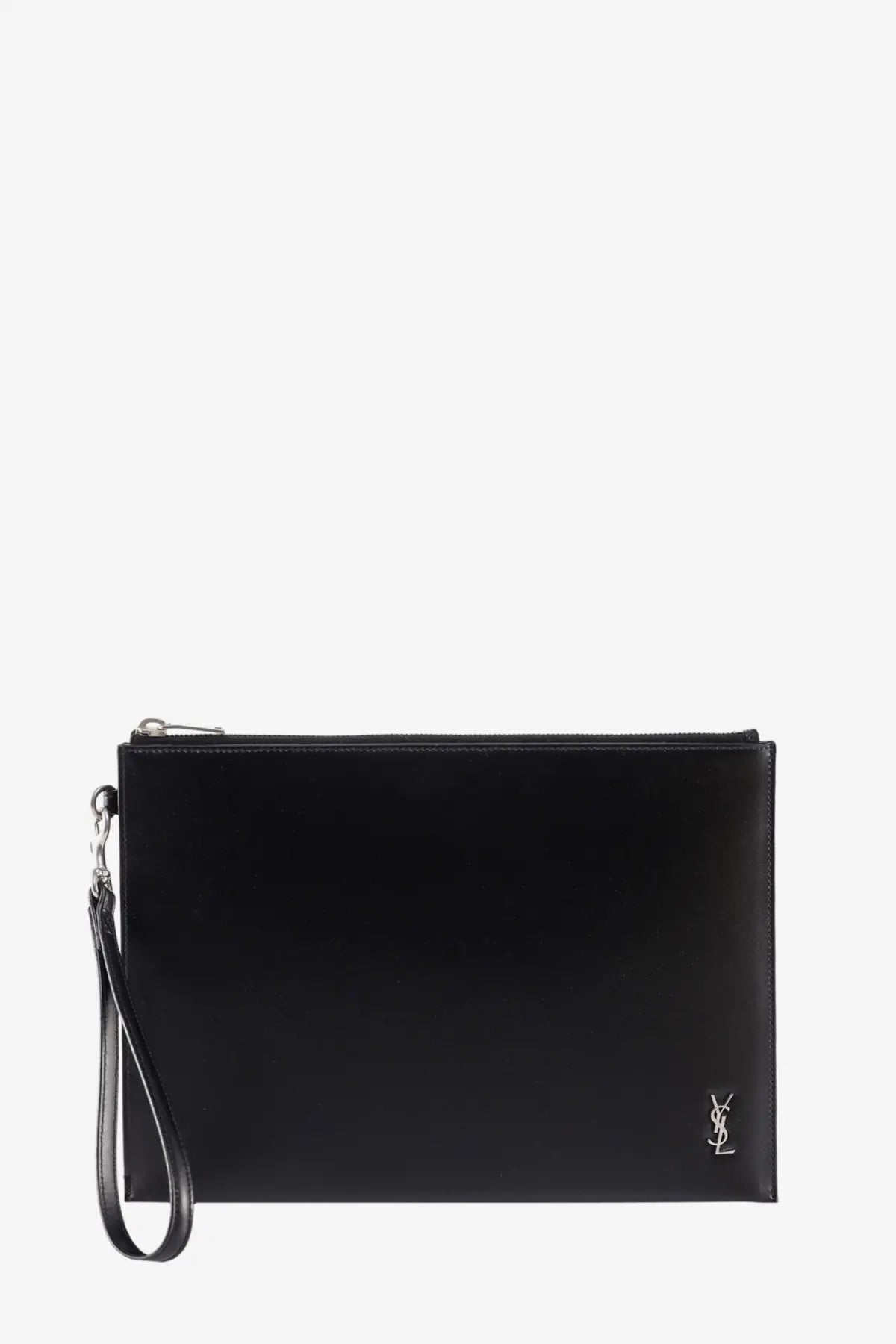Saint Laurent men’s black leather clutch with silver YSL logo and matching wrist strap for stylish carrying