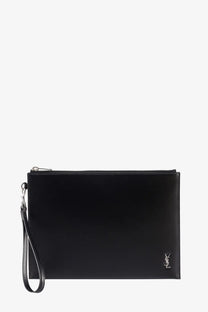 Saint Laurent men’s black leather clutch with silver YSL logo and matching wrist strap for stylish carrying