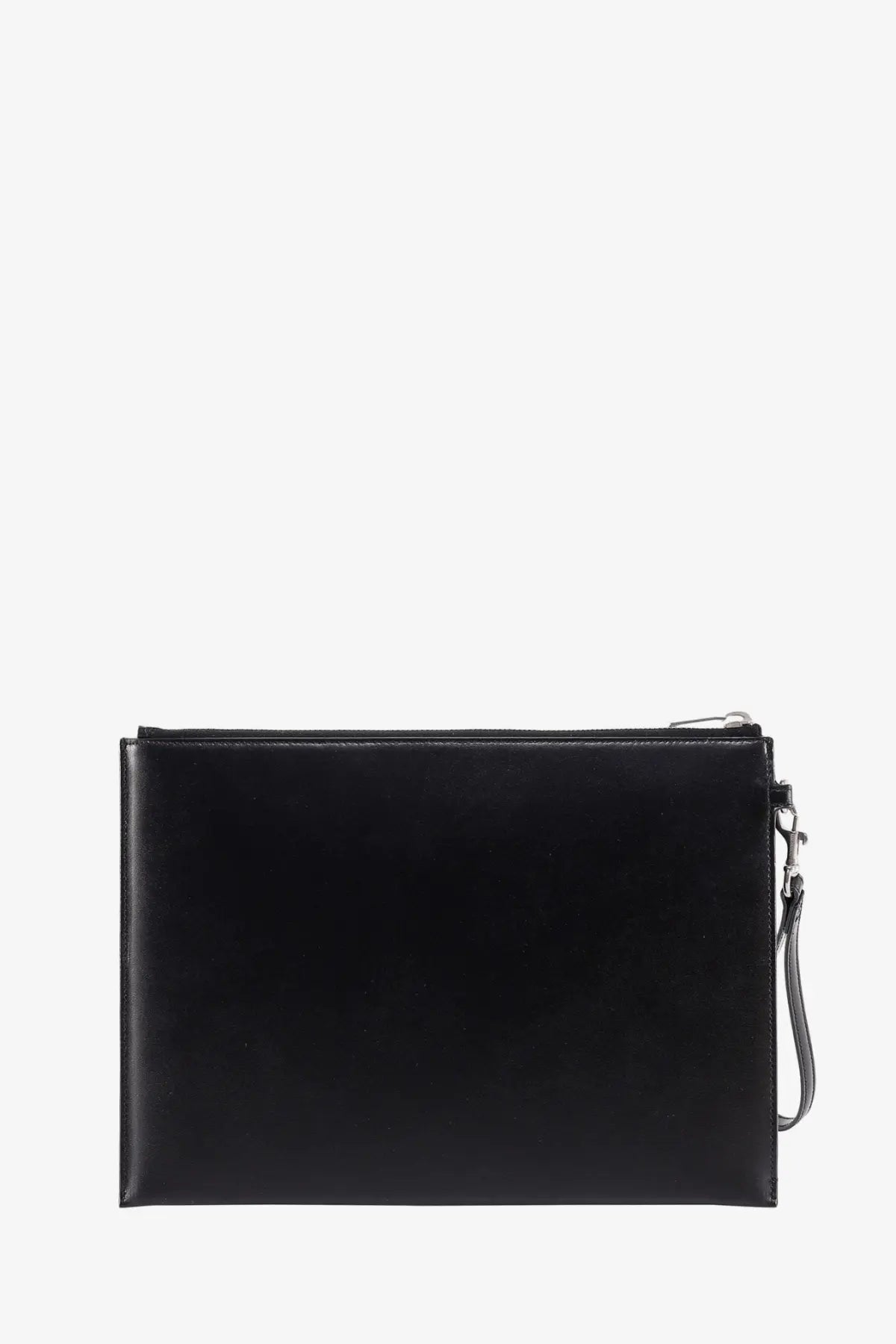 Saint Laurent men’s black leather clutch with silver zipper and wrist strap for stylish carrying