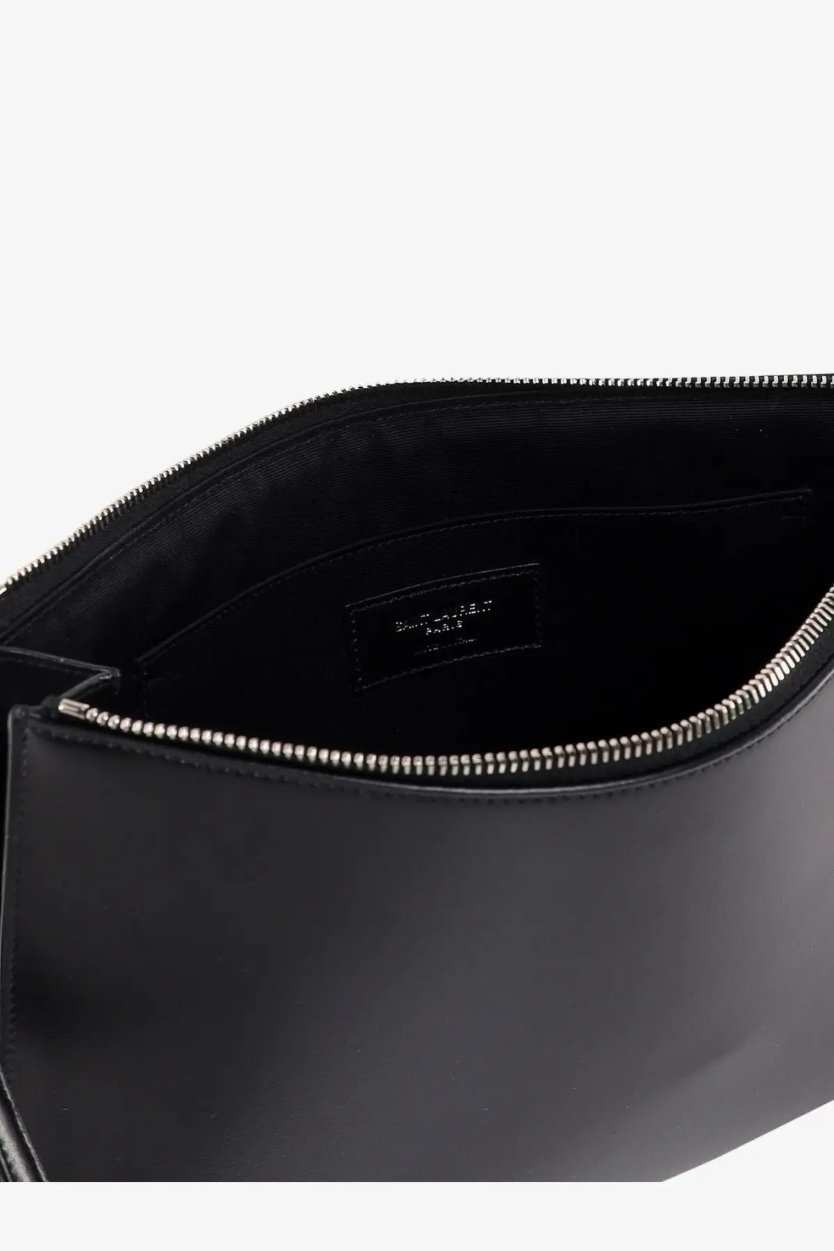 Saint Laurent men’s black leather clutch with sleek minimalist design and silver zipper trim