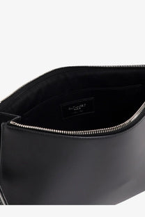 Saint Laurent men’s black leather clutch with sleek minimalist design and silver zipper trim