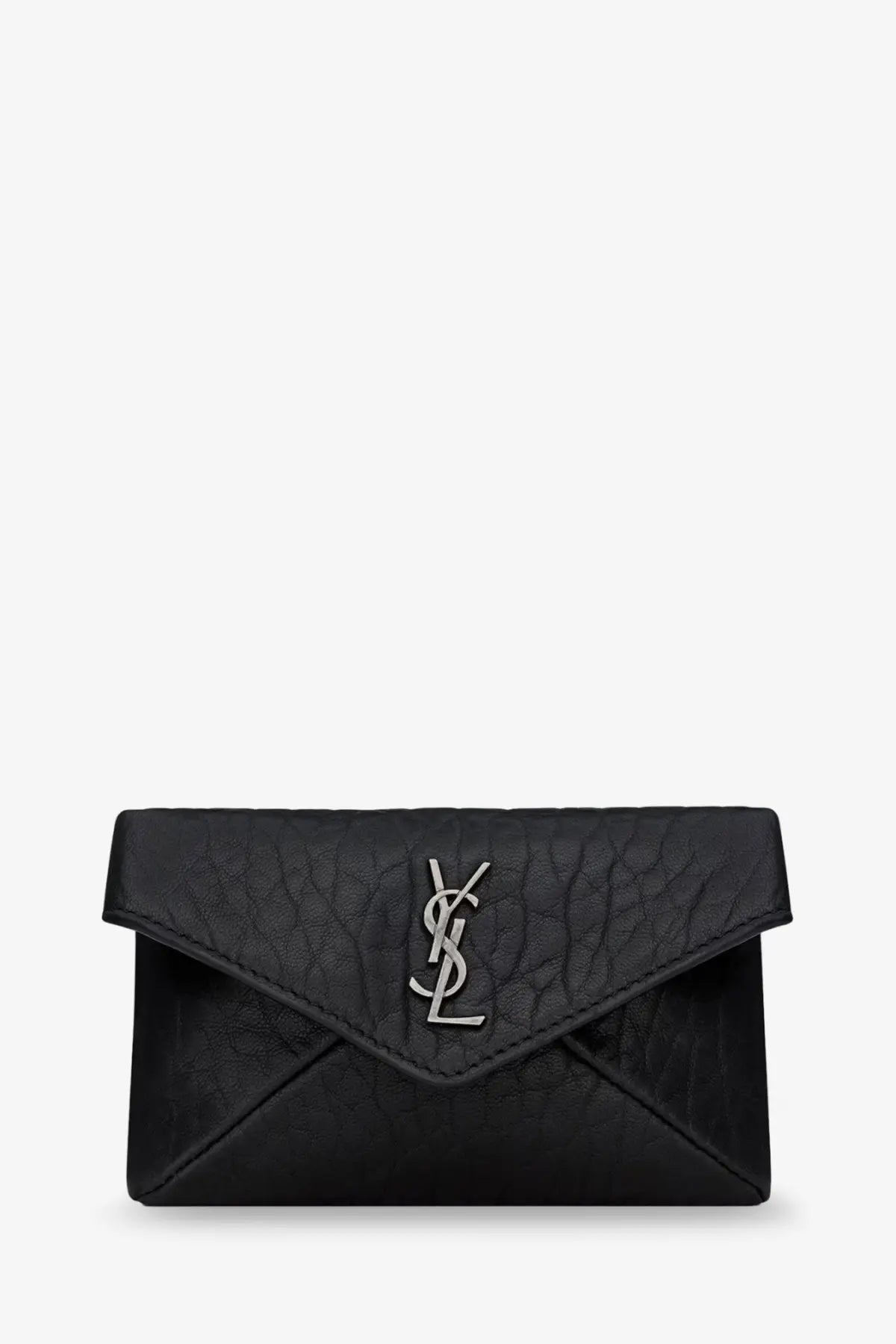 Saint Laurent men’s black leather envelope card holder with crocodile texture and silver YSL logo clasp