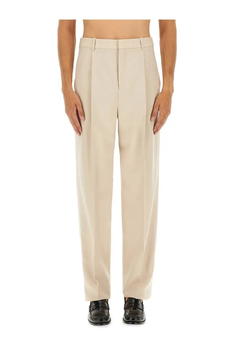Beige pleated tailored fit wool trousers with belt loops from saint laurent men’s light wool pants collection