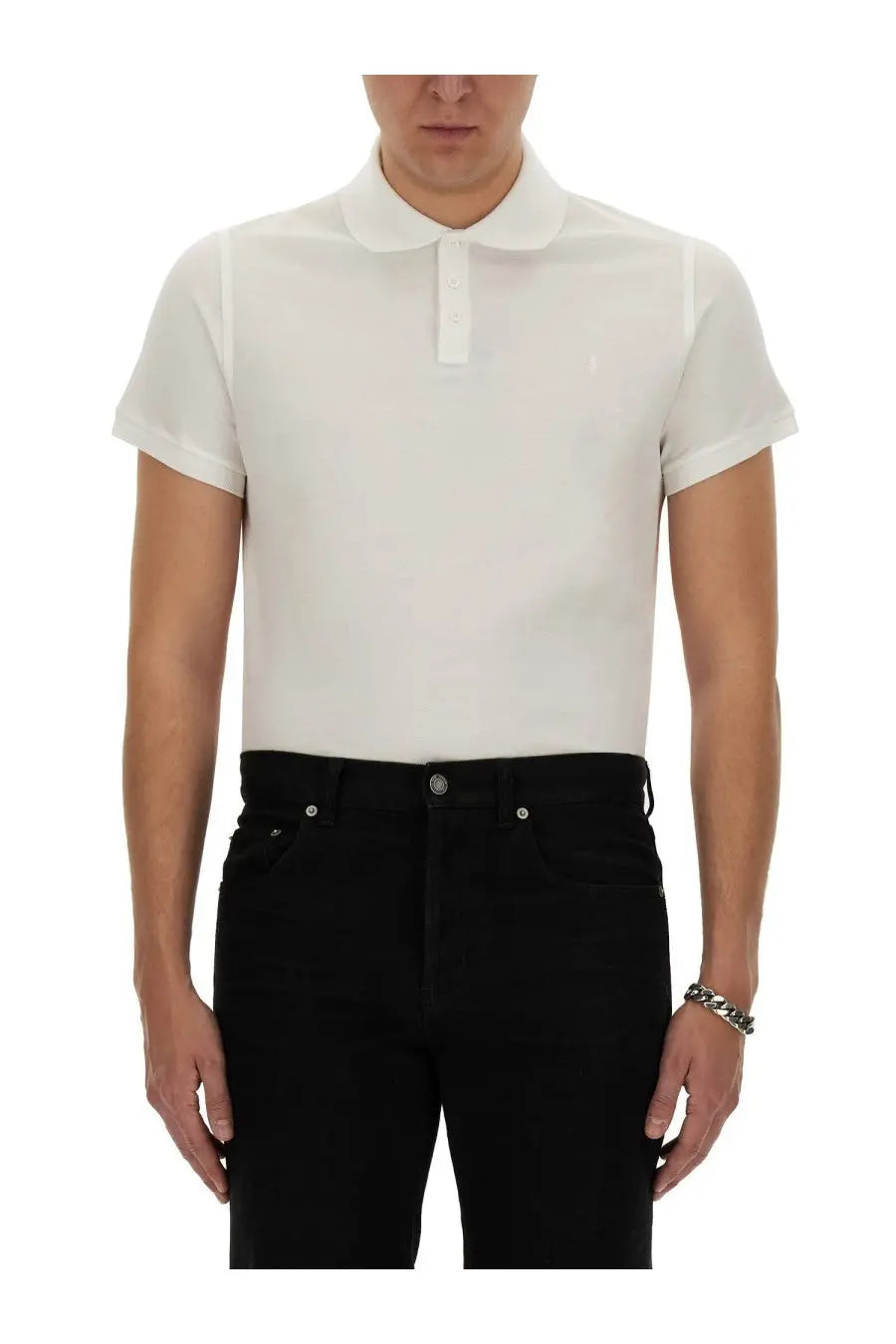 Saint Laurent men’s white polo shirt with short sleeves classic collar and button placket in cotton material