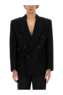 Saint Laurent men’s oversize black double-breasted blazer with thin vertical pinstripes for formal wear