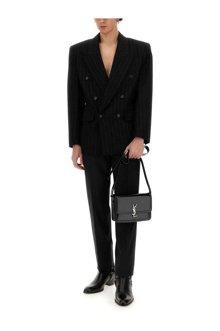 Black leather crossbody bag with silver ysl logo paired with saint laurent men’s oversize black jacket