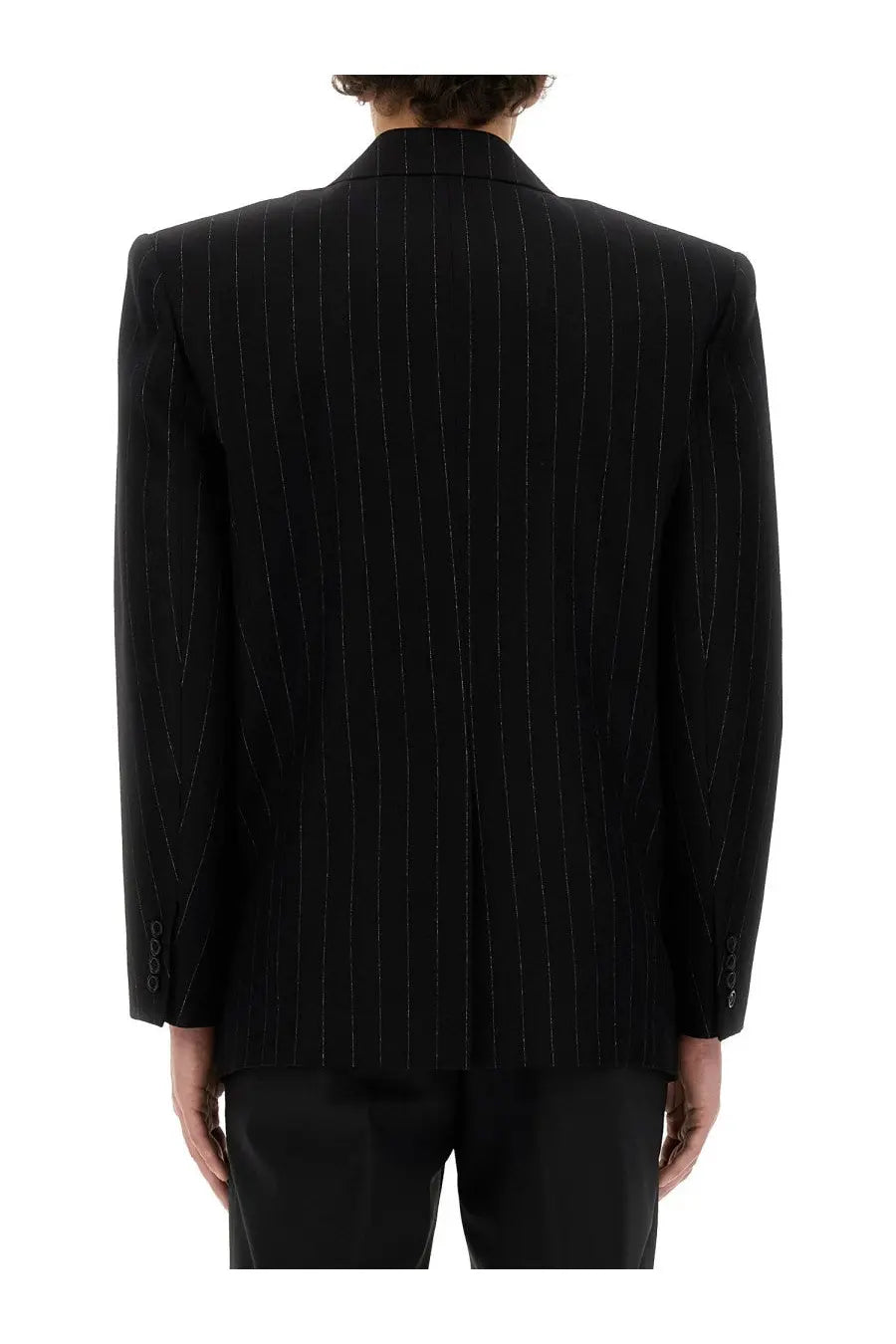 Saint Laurent men’s oversize black pinstripe blazer with subtle vertical stitching details in wool fabric