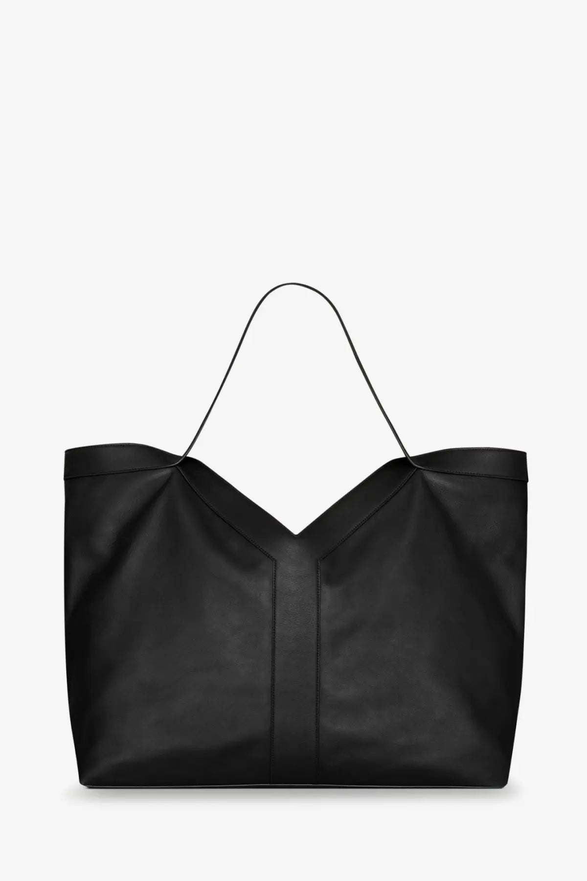 Saint Laurent men’s oversize black leather tote bag with sleek minimalist design and thin handles