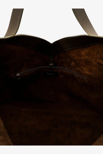 Saint Laurent men’s oversize leather tote bag green with brown suede lining light gray leather handles and silver zipper