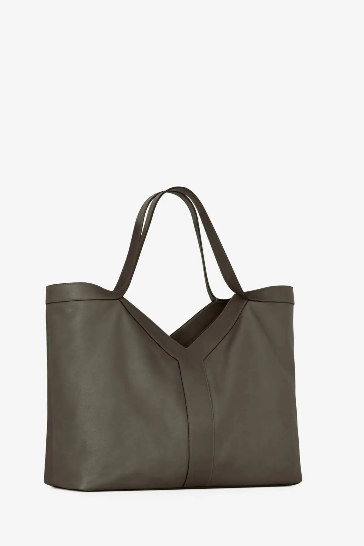 Saint Laurent men’s oversize dark olive green leather tote bag with structured handles and minimalist design