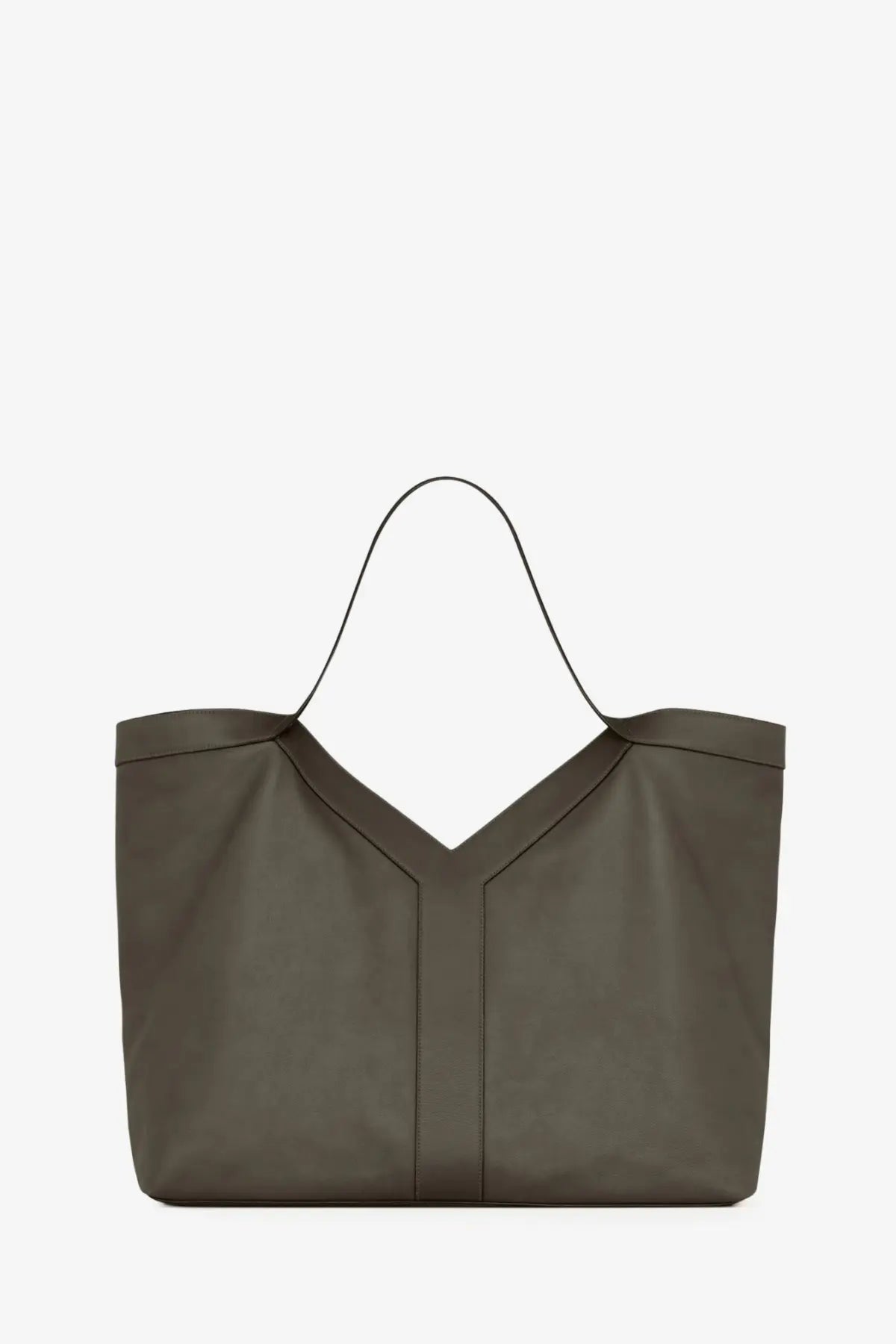Saint Laurent men’s oversize leather tote bag in olive green with distinctive v-shaped front panel and thin black handles