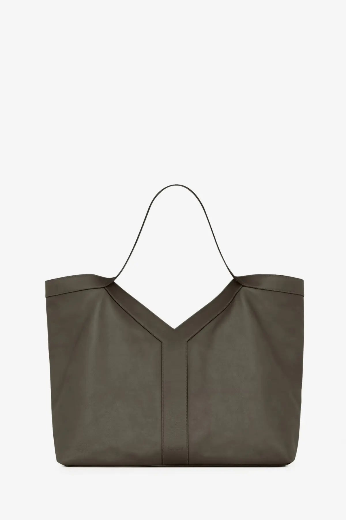 Saint Laurent men’s oversize olive green leather tote bag with minimalist y-shaped front seam and thin black handles