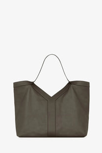 Saint Laurent men’s oversize olive green leather tote bag with minimalist y-shaped front seam and thin black handles