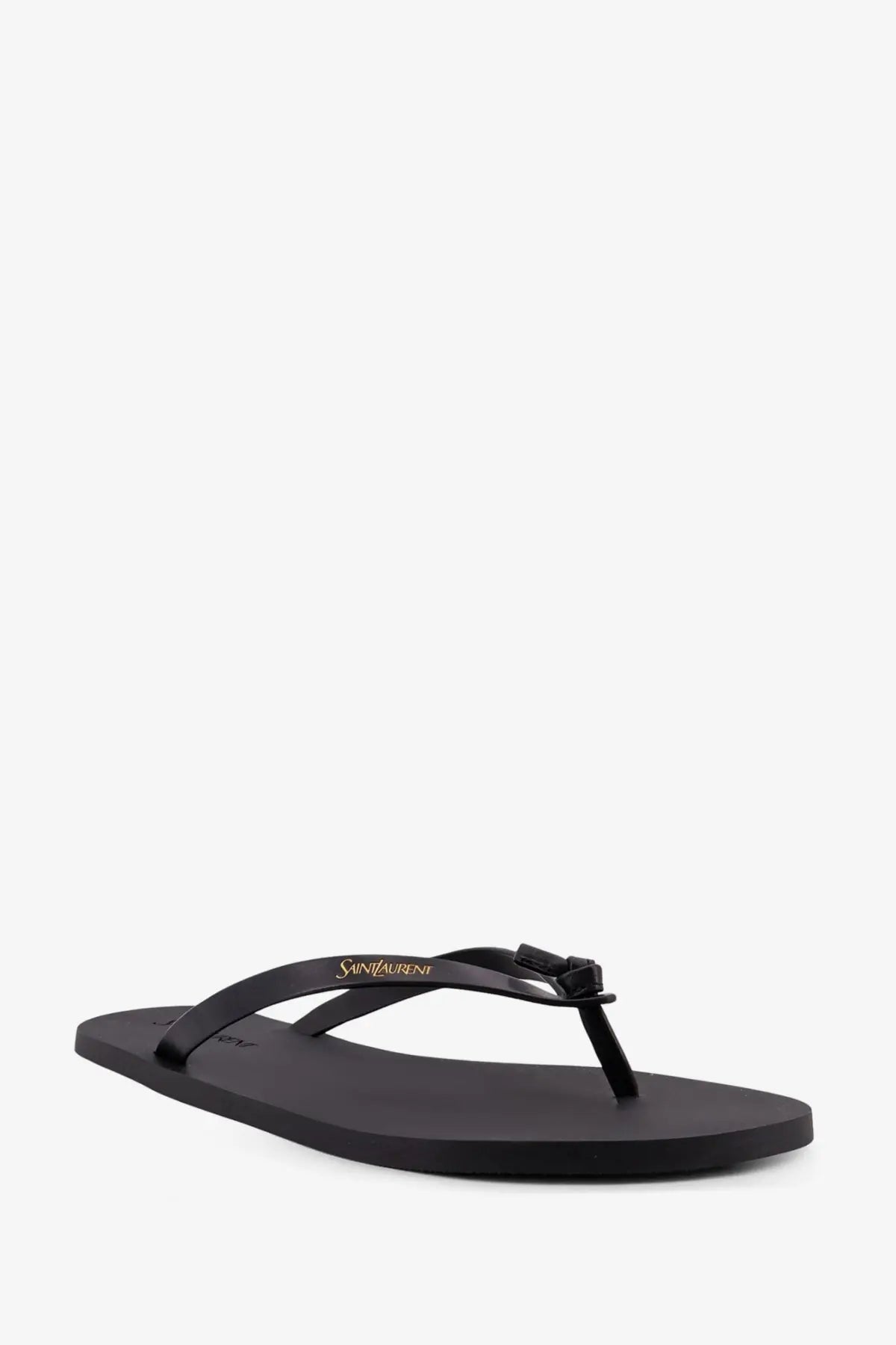 Saint Laurent men’s party low rubber sandals in black with glossy finish and gold logo on flip-flop strap